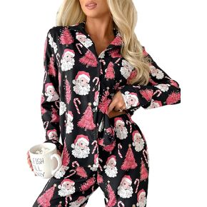 Ecosunny Christmas Santa Pajama Set Women's Long Sleeve Sleepwear Soft Loungewear Two Piece Button Down Pjs Lounge Set