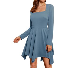 GRACE KARIN Womens Short A Line Dresses Square Neck Long Sleeve Mini Dress Swing Flare Asymmetrical Hem Party Skater Dress
