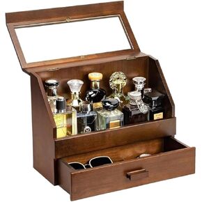 Cologne Organizer for Men, Wood Perfume Organizer Storage with Drawer & Acrylic Panel, Large Capacity Perfume Display Stand Case Collection Showcase, Valentines Day Gifts for Him Men Boyfriend