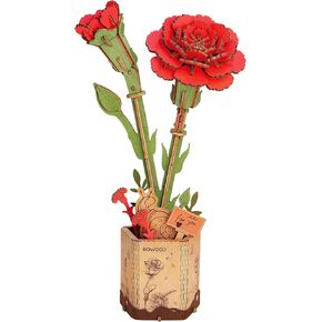 rowood 3D Puzzle Wooden Flower,DIY Artifical Flower Building Set Craft Kit for Women,Mother's Day/Valentine's Day/Teacher's Day/Thanksgiving/Christmas/Birthday Gift for Mom/Grandma-Red Carnation