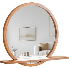 Wall Mirror with Shelf - Wood Circle Mirror - Rustic Bathroom Mirror - Bathroom Mirrors for Over Sink - Wood Framed Mirror - Entryway Mirror with Shelf - Round Mirror 24 inch