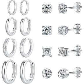 Fcebsty 8 Pairs Sterling Silver Earrings Sets for Multiple Piercing Lightweight Small Huggie Hoop Earrings Different CZ Stud Hoops Hypoallergenic Earrings for Women Cartilage Earrings (hoops 9/10/11/12mm+4mm*4 studs)
