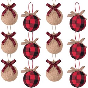 Ivenf Christmas Tree Decorations, 12pcs Buffalo Plaid Burlap Farmhouse Christmas Ornaments, Red Black Country Xmas Decor Indoor, Cute Rustic Xmas Ball for Home Office Family Holiday Party, Unbreakable