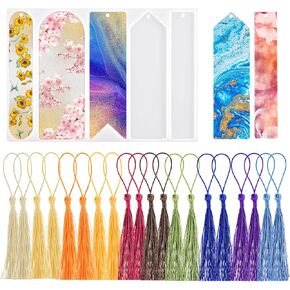 5 Shapes Silicone Bookmark Molds Set with 20 PCS Bookmark Tassels, Reusable Resin Bookmark Molds, Handmade Bookmark Molds for Epoxy Resin, Bookmark Casting Molds for DIY Tassel Bookmark Decoration