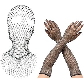 2 Pack Crystal Mesh Body Chain with Fishnet Long Gloves Rhinestone Black Glitter Breathable Headwear Head Covers Body Jewelry Accessories for Women Halloween