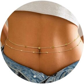 2Pcs 14K Gold Plated Waist Chain for Women Sexy Layered Bikini Belly Chain Adjustable Summer Beach Body Jewelry 25-42Inch