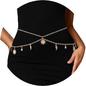 Boho Sun Body Chain Moon Stars Waist Chains Gold Layered Belly Chain Beach Bikini Rave Nightclub Party Body Accessories for Women