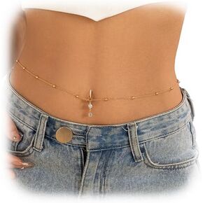 Summer Beach Simple Crystal Belly Buttom Ring with Waist Chain Bikini Rhinestone Navel Piercing Dangle Belly Button Rings Waist Chain Sexy Belly Body Chain Jewelry for Women