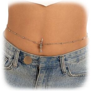 Summer Beach Simple Crystal Belly Buttom Ring with Waist Chain Bikini Rhinestone Navel Piercing Dangle Belly Button Rings Waist Chain Sexy Belly Body Chain Jewelry for Women