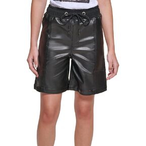 DKNY Women's Faux-Leather Drawstring Shorts (Black, Small)