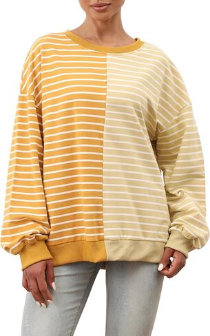Women Oversized Striped Color Block Sweatshirts Y2K Crewneck Long Sleeve Pullover Tops Casual Loose Preppy Fall Shirts in Kuwait