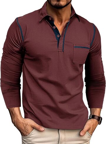 Men's Long Sleeve Polo Shirts, Casual Business Cotton Blend Thermal Button Down Golf Shirt with Pocket in Saudi Arabia