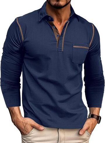 Men's Long Sleeve Polo Shirts, Casual Business Cotton Blend Thermal Button Down Golf Shirt with Pocket in Saudi Arabia