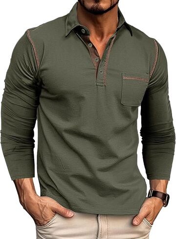 Men's Long Sleeve Polo Shirts, Casual Business Cotton Blend Thermal Button Down Golf Shirt with Pocket in Saudi Arabia