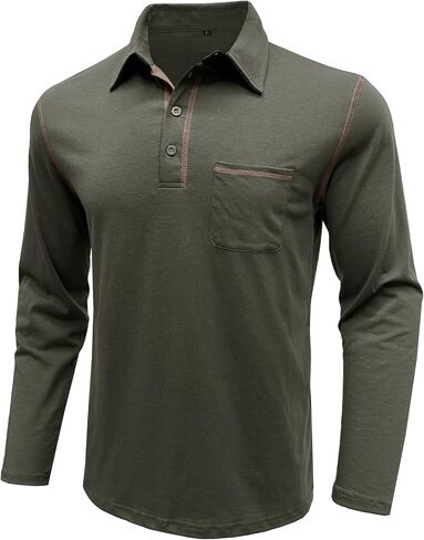 Men's Long Sleeve Polo Shirts, Casual Business Cotton Blend Thermal Button Down Golf Shirt with Pocket in Saudi Arabia