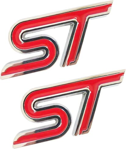 قطعة واحدة من شبكة أمامية معدنية من الكروم ST شعار السيارة + قطعة واحدة من شعار ST المعدني من الكروم ST شارة رياضية لسباق السيارات من أجل Focus Edge Escape Fiesta (فضي وأحمر) in Kuwait