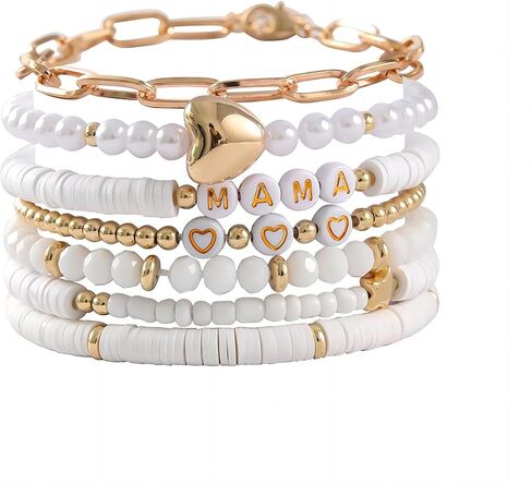 tenghong2021 Boho Multiple Layers Mama Metal Love Pendant Bracelets for Women Surfer Polymer Clay Heishi Stackable Beaded Elastic Bracelets for Women Summer Beach Jewelry Set in Saudi Arabia