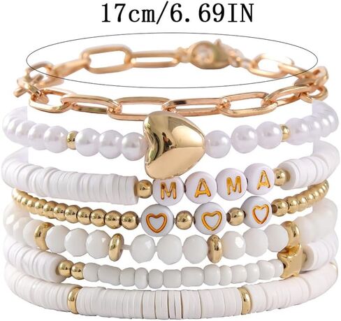 tenghong2021 Boho Multiple Layers Mama Metal Love Pendant Bracelets for Women Surfer Polymer Clay Heishi Stackable Beaded Elastic Bracelets for Women Summer Beach Jewelry Set in Saudi Arabia