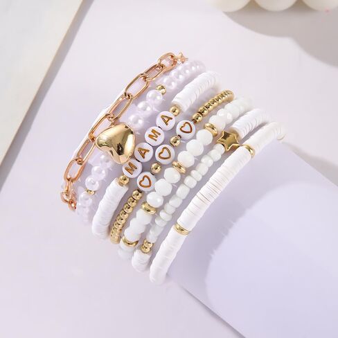 tenghong2021 Boho Multiple Layers Mama Metal Love Pendant Bracelets for Women Surfer Polymer Clay Heishi Stackable Beaded Elastic Bracelets for Women Summer Beach Jewelry Set in Saudi Arabia