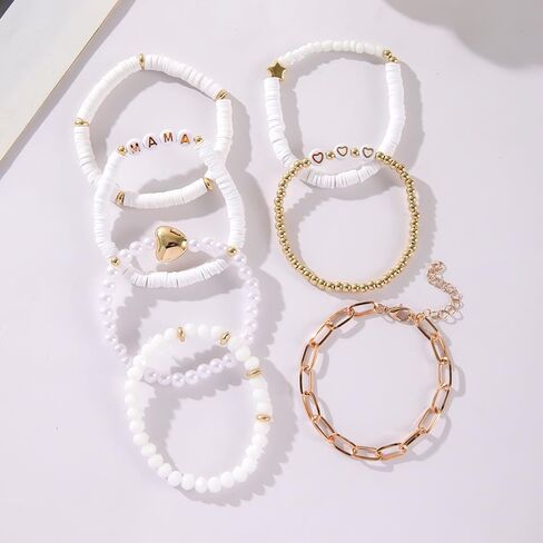 tenghong2021 Boho Multiple Layers Mama Metal Love Pendant Bracelets for Women Surfer Polymer Clay Heishi Stackable Beaded Elastic Bracelets for Women Summer Beach Jewelry Set in Saudi Arabia