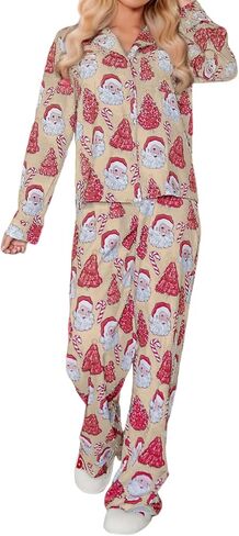 Ecosunny Christmas Santa Pajama Set Women's Long Sleeve Sleepwear Soft Loungewear Two Piece Button Down Pjs Lounge Set in Kuwait