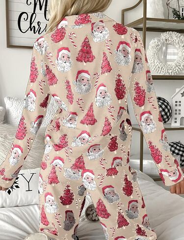 Ecosunny Christmas Santa Pajama Set Women's Long Sleeve Sleepwear Soft Loungewear Two Piece Button Down Pjs Lounge Set in Kuwait