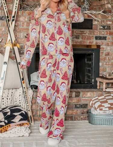 Ecosunny Christmas Santa Pajama Set Women's Long Sleeve Sleepwear Soft Loungewear Two Piece Button Down Pjs Lounge Set in Kuwait