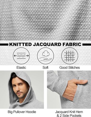 Mens Textured Hooded Sweatshirt Long Sleeve Knit Pullover Hoodie Soft Classic Solid Jumper Sweater With Pockets in Saudi Arabia