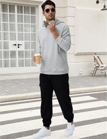 Mens Textured Hooded Sweatshirt Long Sleeve Knit Pullover Hoodie Soft Classic Solid Jumper Sweater With Pockets in Saudi Arabia