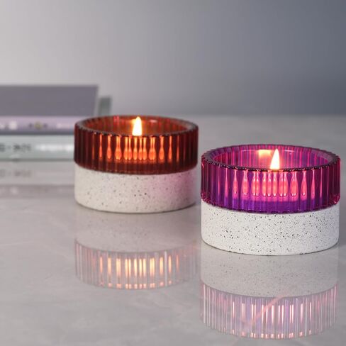 Classic Vertical Stripes Tealight Candle Holder Purple - Beautiful Decorative Centerpiece Jar, Colorful Stripes Refract Light, Safe Sand Cement Base in Saudi Arabia