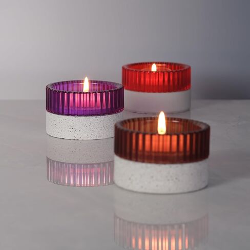 Classic Vertical Stripes Tealight Candle Holder Purple - Beautiful Decorative Centerpiece Jar, Colorful Stripes Refract Light, Safe Sand Cement Base in Saudi Arabia
