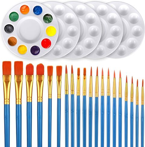 Paint Brushes Palettes Set, 20pcs Nylon Hair Brushes and 5pcs Paint Palettes Pallets, Paintbrushes for Acrylic Watercolor Oil Gouache Tempera Art Paint and Body Painting Party Supplies in Saudi Arabia
