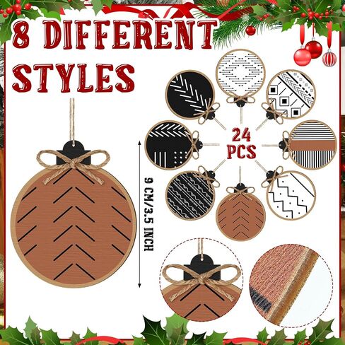 Gerrii 24 Pack Christmas Boho Ornaments Wooden Christmas Round Ornaments with Bow Christmas Tree Hanging Sign Farmhouse Supplies for Xmas Tree Decoration(Aztec) in Saudi Arabia