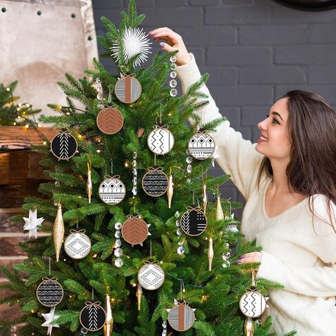 Gerrii 24 Pack Christmas Boho Ornaments Wooden Christmas Round Ornaments with Bow Christmas Tree Hanging Sign Farmhouse Supplies for Xmas Tree Decoration(Aztec) in Saudi Arabia