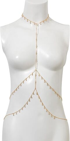 Summer Rhinestone Body Chain Long Neck Chain Simple Double Layered Crystal Beads Belly Body Chain Bikini Rhinestone Tassel Waist Chain Jewelry for Women in Saudi Arabia