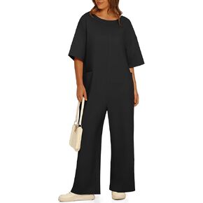 Jumpsuits for Women Casual One Piece Wide Leg Long Pants Rompers Half Sleeve Loose Fit Reversible Outfits with Pockets