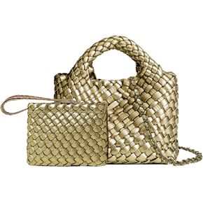 Woven Tote Bag for Women with Coin Purse, Foldable Chain Small Crossbody Handbags, Fashion Shoulder Bag, Hobo Satchel