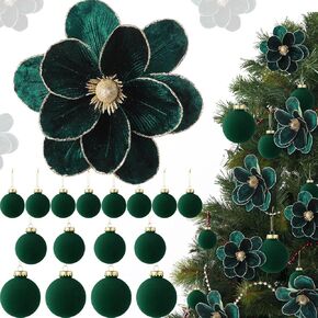 Outus 24 Pcs Velvet Christmas Tree Decorations Set with 8pcs Poinsettias Artificial Glitter Magnolia Flower with Stem, 16pcs Christmas Ball Ornaments for Xmas Holiday Party Wedding Decor (Green)