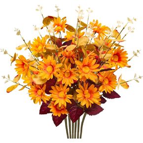 6 Pcs Artificial Fall Flowers Stems, 17" Fall Fake Silk Mum Flowers Stems Faux Orange Flowers Picks for Home Fireplace Wedding Table Thanksgiving Flowers Centerpieces