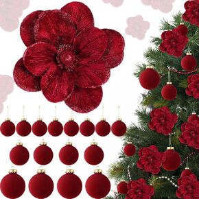 Outus 24 Pcs Velvet Christmas Tree Decorations Set with 8pcs Poinsettias Artificial Glitter Magnolia Flower with Stem, 16pcs Christmas Ball Ornaments for Xmas Holiday Party Wedding Decor (Green)