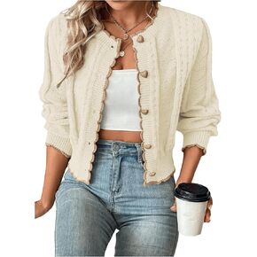 GORGLITTER Women's Colorblock Cropped Cardigan Open Front Scallop Trim Long Sleeve Button Down Outwear Coats