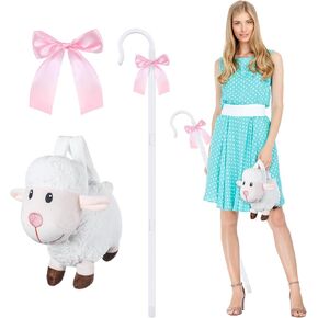 Shepherdess Costume Accessories, 43" Shepherds Hook Prop Staff, Little Sheep Handbag and 20" Pink Ribbon for Halloween Cosplay Costume Accessory