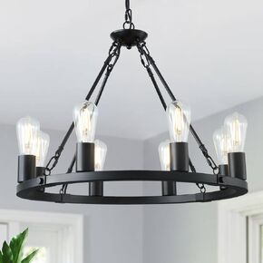 8 Lights Wagon Wheel Chandelier, Black Kitchen Island Lighting Fixture Round Metal Industrial Farmhouse Dining Room Pendant Light for Living Room Foyer Entryway,E26 Socket, 23.6". Height Adjustable