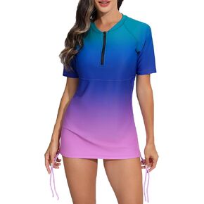 Halcurt Women's Half Zip Short Sleeve Rash Guard Swim Top with Bra Drawstring Adjustable UPF50+ Swimsuit