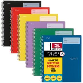 Five Star Interactive Notetaking Spiral Notebooks, 6 Pack, 1 Subject, Wide Ruled Paper, 11" x 8-1/2", 100 Sheets, Fire Red, Harvest Yellow, Forest Green, Pacific Blue, Amethyst Purple, Black (920003)