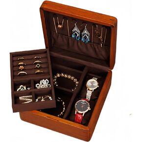 Mens Jewlery Box Wooden Jewelry Box for Men, 2 Layer Natural Solid Walnut Wood Vintage Trinket Organizer for Earrings Rings Necklaces Bracelet Watch Men Women