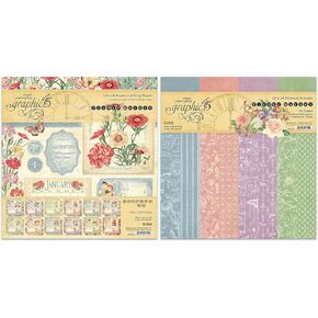 Graphic 45 Flower Market Paper Pack and Patterns & Solids Pack - 12x12 Decorative Papers - 2 Items