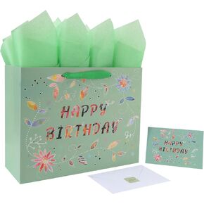 13" Large Happy Birthday Gift Bag Set with Handles, Greeting Card, Tissue Papers and Stickers for Women Girls, Green Floral Design, 1 Pcs