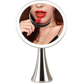 9inch Lighted Round Makeup Vanity Mirror, 5X/10X Dual Magnification with Ultra Bright LED Lights Beauty Mirror, Rechargeable, Cordless, Touch Control Adjustable Brightness, Brushed Stainless Steel
