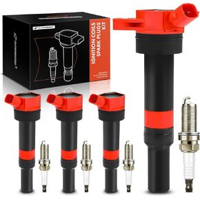 A-Premium (Red) Ignition Coil Pack and Iridium Spark Plugs Compatible with Hyundai & Kia Vehicles - Elantra 2012-2016 Coupe GT Tucson Forte Soul Rondo - 1.8L 2.0L 4 Cyl, Set of 4